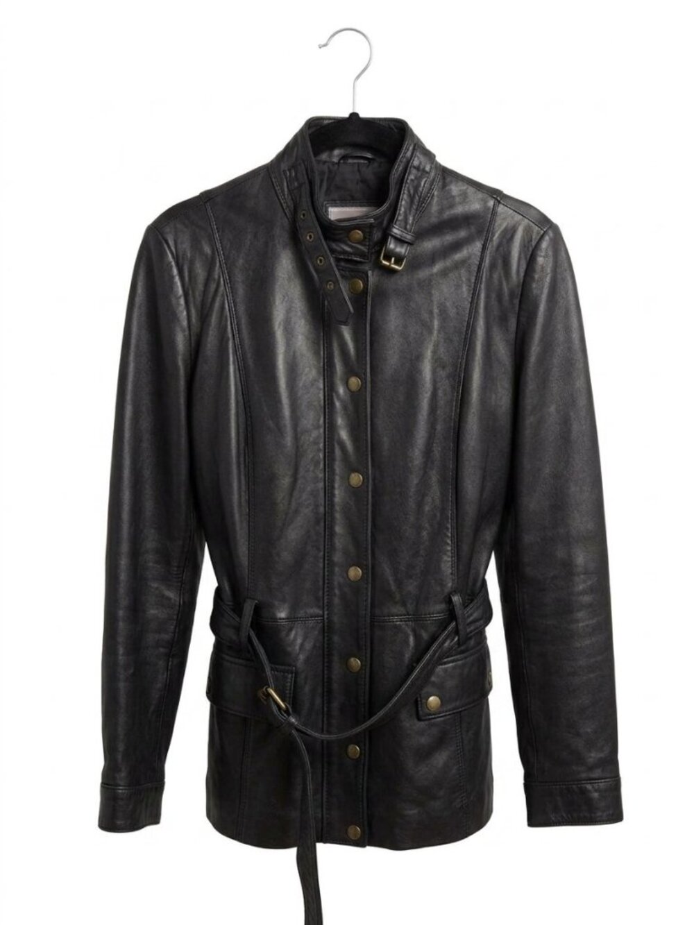 Vintage Juliet Michelle by Adler Black Leather Belted Matrix Moto Jacket Size S